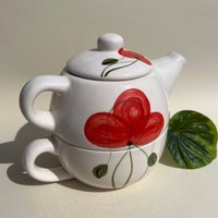 Zweiteilige Keramik Teekanne Mit Roter Mohnblume von EmilyPotteryArt