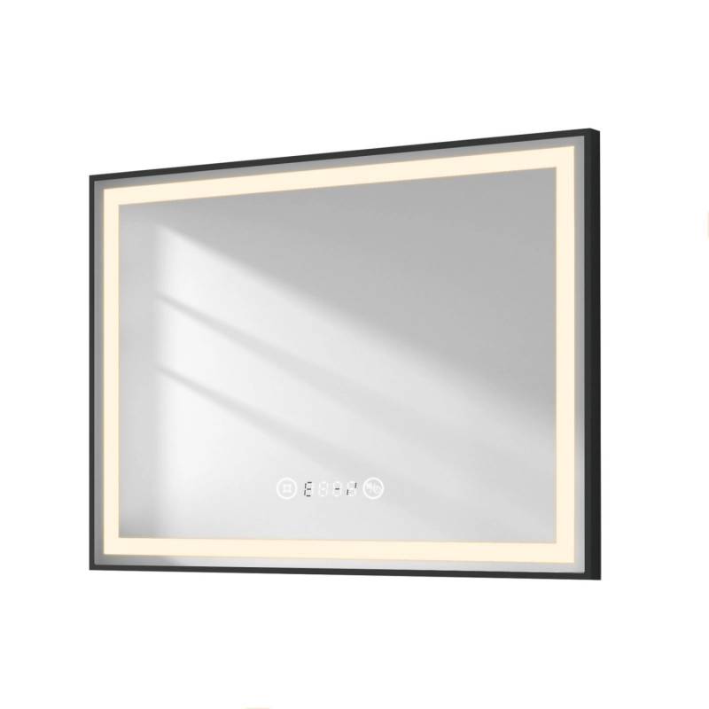 Emke Badspiegel mit Beleuchtung 80x60cm Schwarzer Rand Spiegel mit Touch Antibeschlag Uhr Temperatur Dimmbar von Emke
