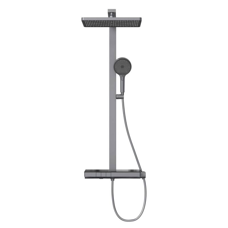 Emke Duschsystem mit Thermostat Glasablage Duscharmatur mit Handbrause 3 Strahlarten Brausesets Anthrazit Matt von Emke
