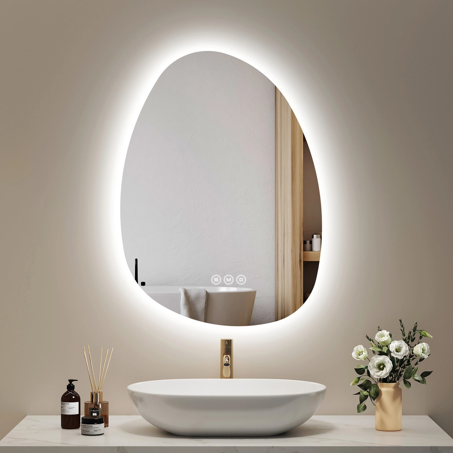 Emke LED Badspiegel mit Anti-Beschlag 75 x 55 cm Asymmetrisch Spiegel mit 3 Dimmbare Lichtfarben von Emke