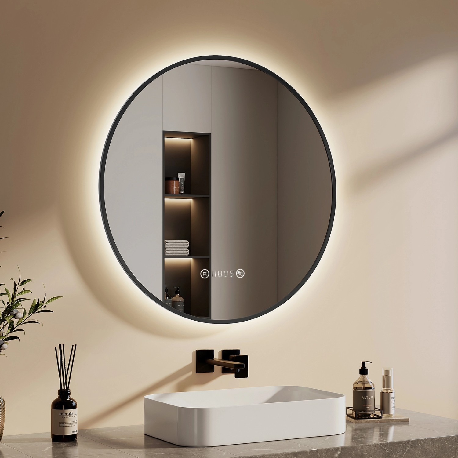 Emke Rund LED Badspiegel 80 cm Spiegel mit Beleuchtung Schwarzer Antibeschlage Uhr Temperatur Dimmbar Neutrales Licht Emke Rund LED Badspiegel 80 cm Spiegel mit Beleuchtung Schwarzer Antibeschlage Uhr Temperatur Dimmbar Neutrales Licht von Emke