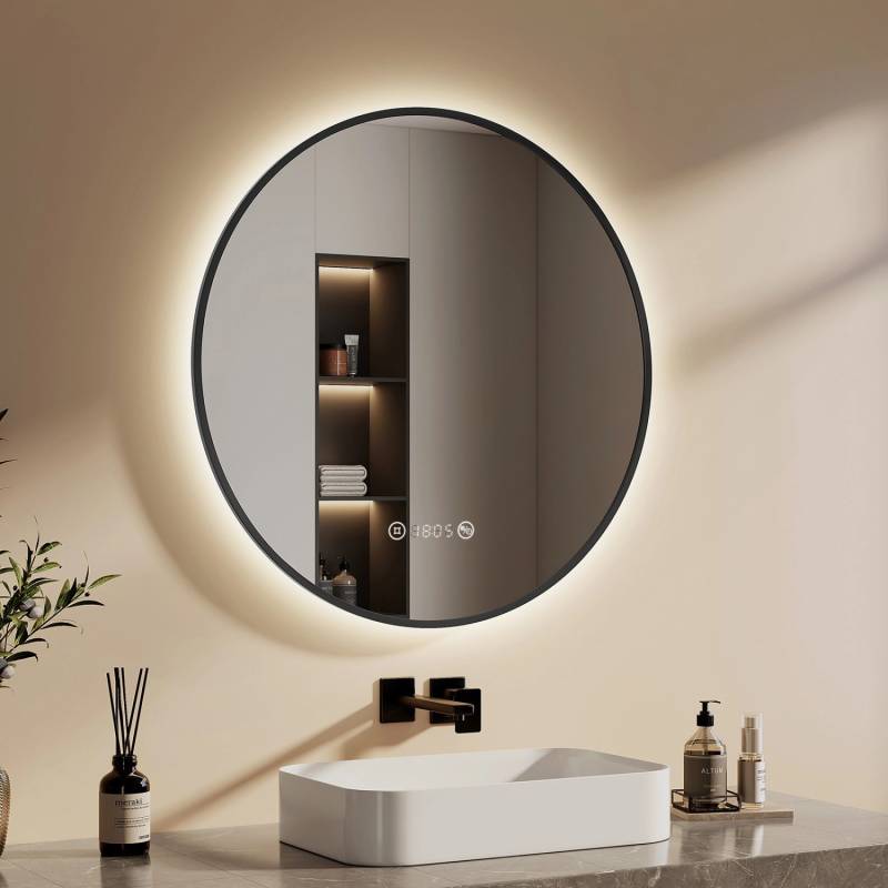 Emke Rund LED Badspiegel 80 cm Spiegel mit Beleuchtung Schwarzer Antibeschlage Uhr Temperatur Dimmbar Neutrales Licht von Emke