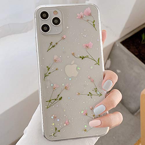 Emlivi iPhone 12 Pro Max Handyhülle Hülle Blume iPhone 12 Pro Max(6,7") Handyhülle Echt Getrocknete Blumen Kristall Schutzhülle Silikon Rückschale TPU Bumper für iPhone 12 Pro Max, Pink links rechts von Emlivi