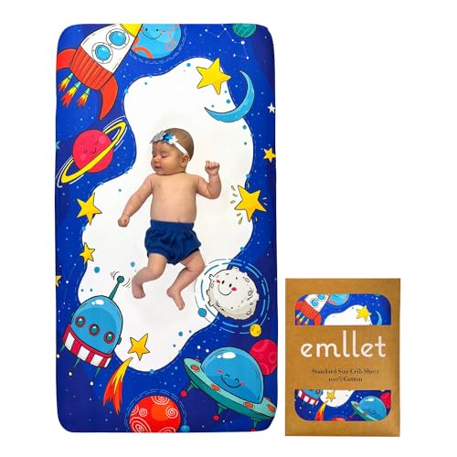 Spannbetttuch für Kinderbett, 100 % Baumwolle, Motiv: kosmisches Abenteuer, Weltraum, weiche Kinderzimmer-Bettwäsche für Babys, Jungen oder Mädchen, passend für Standard-Kinderbettmatratzen 132 x 71 Spannbetttuch für Kinderbett, 100 % Baumwolle, Motiv: kosmisches Abenteuer, Weltraum, weiche Kinderzimmer-Bettwäsche für Babys, Jungen oder Mädchen, passend für Standard-Kinderbettmatratzen 132 x 71 von Emllet