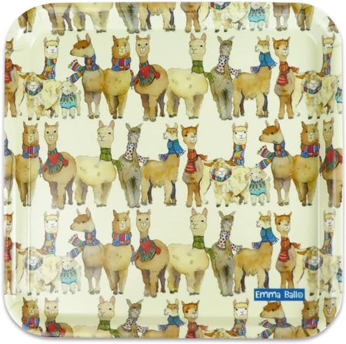 Alpakas und Freunde – Emma Ball Buntes quadratisches Melamin-Tablett – 29 cm von Emma Ball