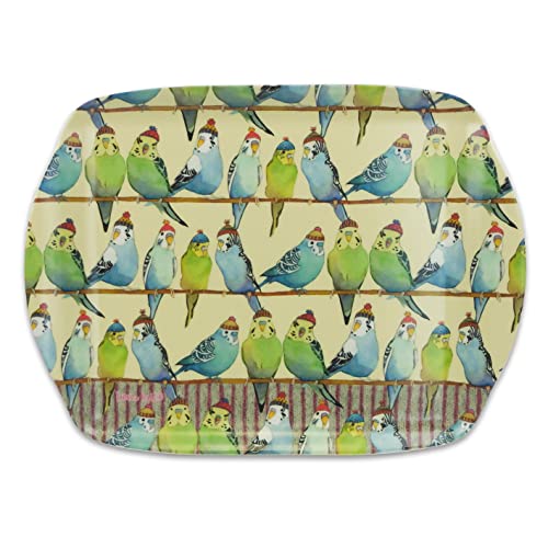 Wellensittiche in Beanies – Emma Ball Buntes Mittelgroßes Melamin-Tablett – 35 cm von Emma Ball