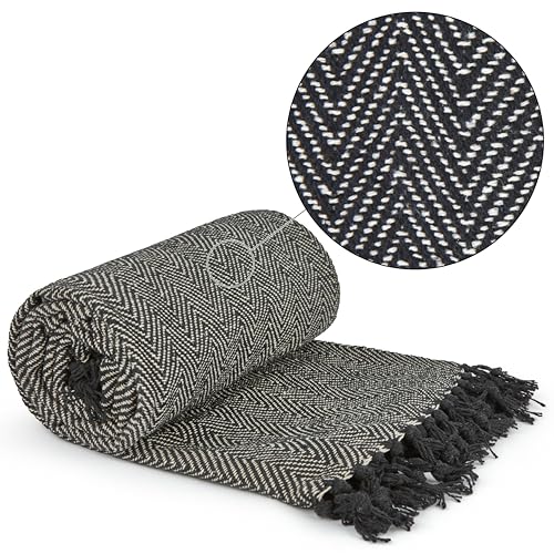 Emma Barclay Herringbone Tasselled Recycled Cotton Throw Überwurf, Baumwolle, Schwarz, 90x100 (228x254cm) von Emma Barclay
