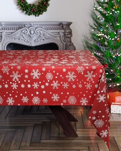 Emma Barclay Weihnachtstischdecke, rechteckig, maschinenwaschbar, Weihnachts-Tischdecke in Rot mit silbernem Schneeflocken-Design, 178 x 274 cm von Emma Barclay