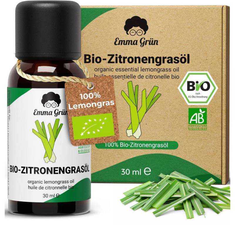 Emma Grün Duftöl Bio Zitronengras, ätherisch, naturrein & hochdosiert (Set, Je nach Auswahl: 1x, 2x oder 5x Bio Zitronengrasöl 30 ml), Höchste Bio-Zertifizierung als Lebensmittel, naturrein & ohne Zusätze von Emma Grün