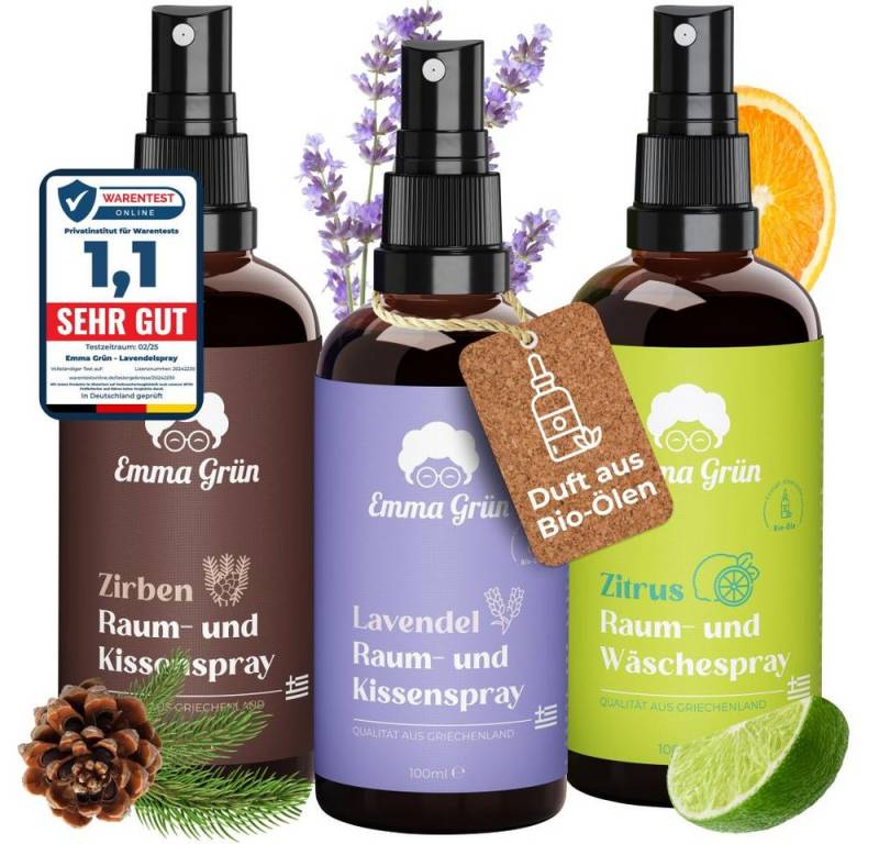 Emma Grün Duftöl Bio Raumspray & Duftspray Set (Raumspray Set, 3x 100ml Raumspray Set: Lavendel, Zirbenholz, Zitrus), Natürlicher Duft, höchste Bio-Qualität von Emma Grün