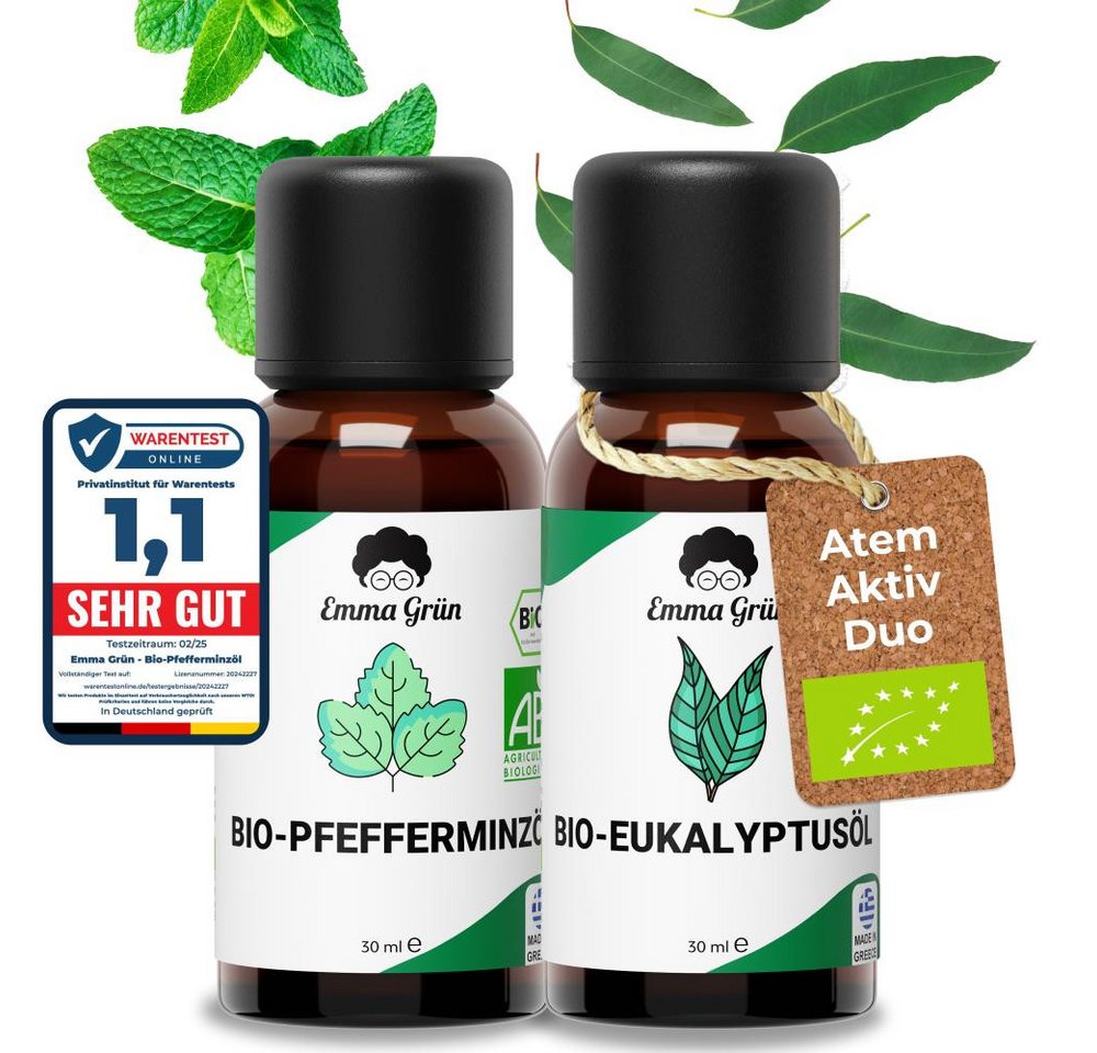 Emma Grün Duftöl Emma Grün® Atem Aktiv Set mit Bio Pfefferminz- & Eukalyptusöl (Duftöl-Set, konto@emma-gruen.com), 100% naturrein von Emma Grün