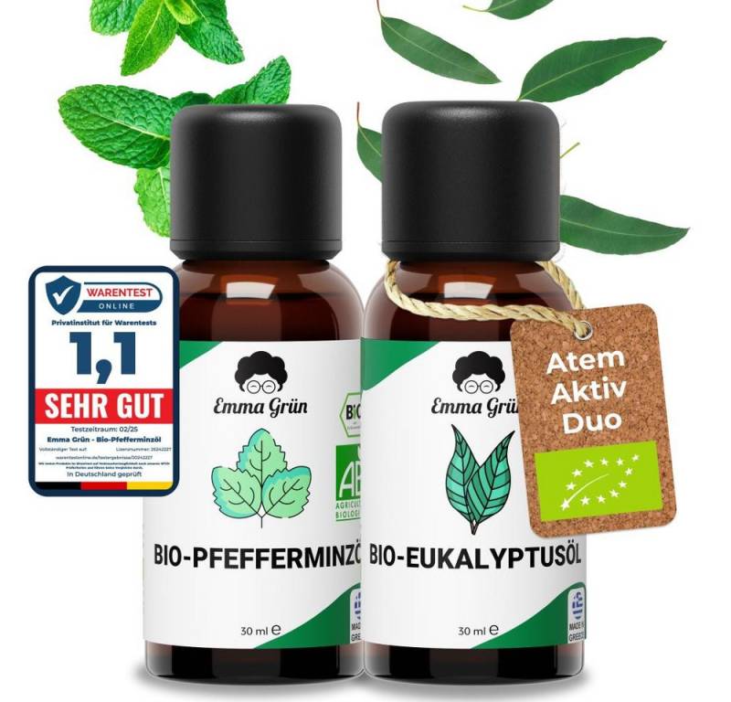 Emma Grün Duftöl Emma Grün® Atem Aktiv Set mit Bio Pfefferminz- & Eukalyptusöl (Duftöl-Set, konto@emma-gruen.com), 100% naturrein von Emma Grün