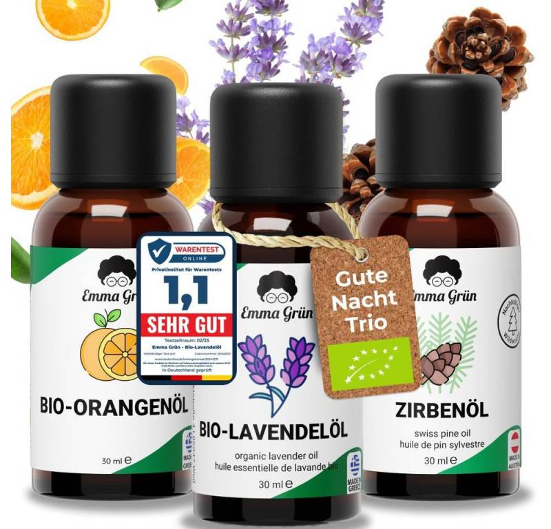 Emma Grün Duftöl Emma Grün® Gute Nacht Set mit Bio Orangen-, Lavendel- & Zirbenöl (Gute Nacht Set), Fruchtige, blumige & holzig-warme Aromen von Emma Grün