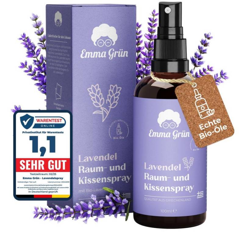 Emma Grün Duftöl Lavendel Kissenspray 100 ml, mit Bio Lavendelöl (Set, Je nach Auswahl: 1x, 2x oder 5x Raumspray Lavendel 100 ml), Höchste Bio-Zertifizierung der Duftöle, naturrein & ohne Zusätze von Emma Grün