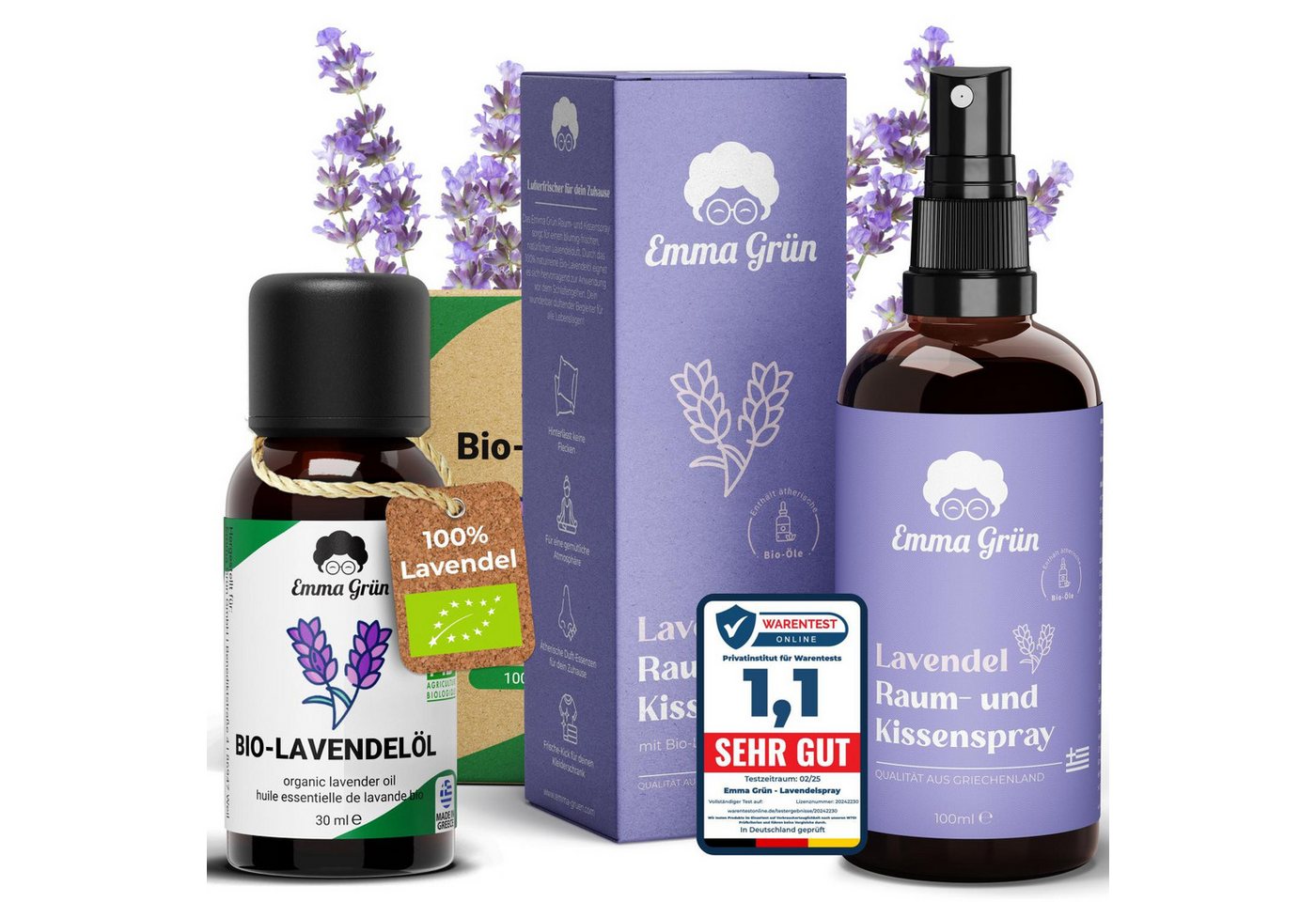 Emma Grün Duftöl Lavendel Liebe Sparset, Bio-Öl & Bio-Raumspray (Spar-Set, 1x Bio Lavendelöl 30 ml, 1x Raumspray Lavendel 100 ml), Höchste Bio-Zertifizierung, natürlicher Duft ohne Zusätze von Emma Grün