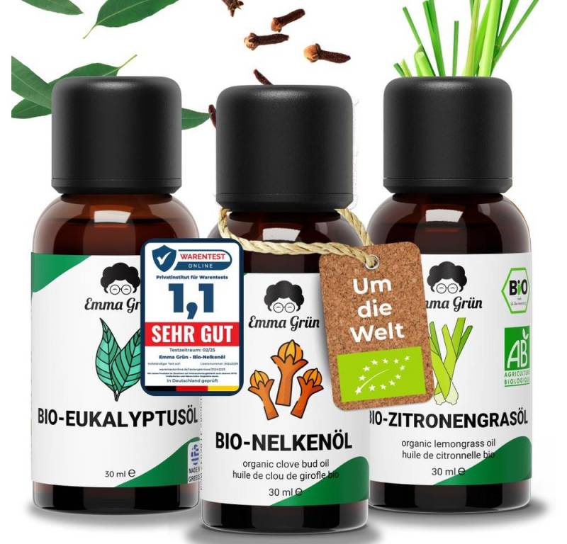 Emma Grün Duftöl um die Welt Maxi-Set mit 3 besonderen Bio Ölen (Maxi-Set, 1x Eukalyptus- 30 ml, 1x Zitronengras- 30 ml, 1x Nelkenöl 30 ml), Höchste Bio-Zertifizierung als Lebensmittel, naturrein & ohne Zusätze von Emma Grün