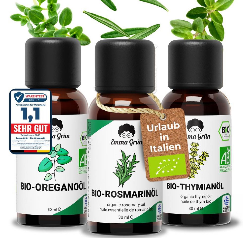 Emma Grün Duftöl -Maxi-Set "Urlaub in Italien"-3 mediterrane Bio Öle (Öl-Set, 1x Thymian- 30 ml, 1x Bio Oregano- 30 ml, 1x Rosmarinöl 30 ml), Höchste Bio-Zertifizierung als Lebensmittel, naturrein & ohne Zusätze von Emma Grün