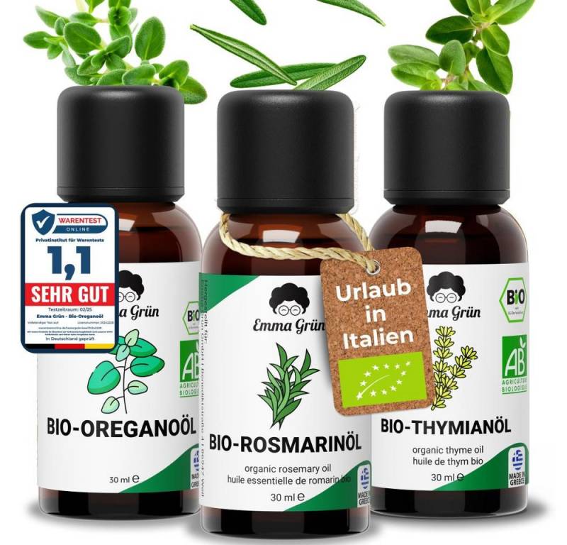 Emma Grün Duftöl -Maxi-Set "Urlaub in Italien"-3 mediterrane Bio Öle (Öl-Set, 1x Thymian- 30 ml, 1x Bio Oregano- 30 ml, 1x Rosmarinöl 30 ml), Höchste Bio-Zertifizierung als Lebensmittel, naturrein & ohne Zusätze von Emma Grün