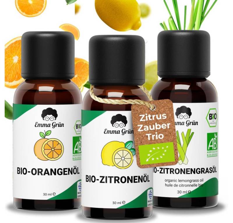 Emma Grün Duftöl Maxi-Set "Zitrus Zauber" eine belebende Mischung (Geschenkset, 1x Orangen- 30 ml, 1x Zitronen- 30 ml, 1x Lemongrasöl 30 ml), Höchste Bio-Zertifizierung, naturrein & ohne Zusätze von Emma Grün