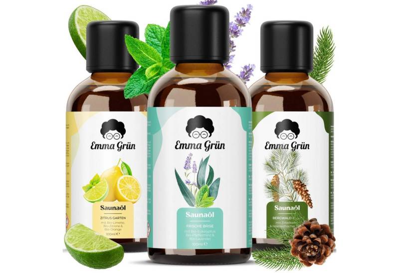 Emma Grün Sauna-Aufgussset holzig, frisch & spritzig, 3x 100ml (3-tlg) 100% naturreine ätherische Bio-Öle von Emma Grün