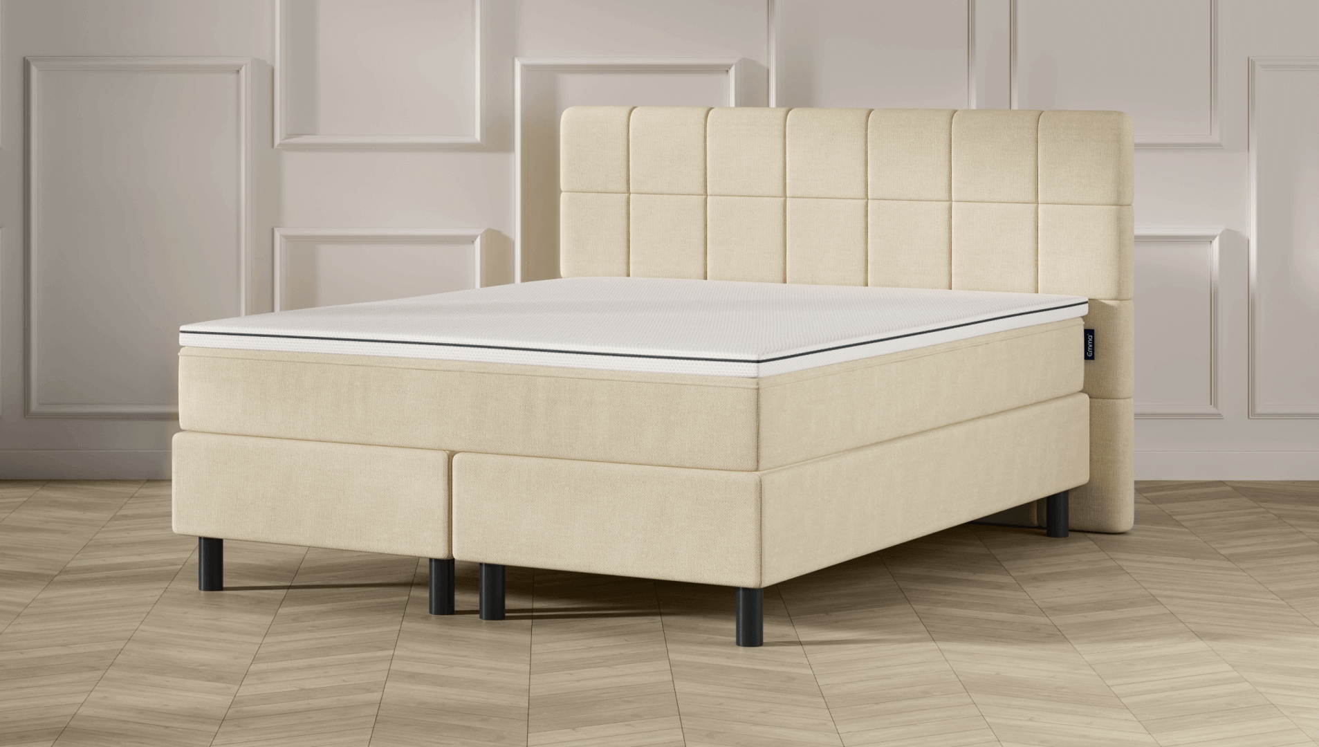 Emma Classic Boxspringbett - beige - 180x200 cm - Kopfteil Gesteppt - Schwarze Füße von Emma