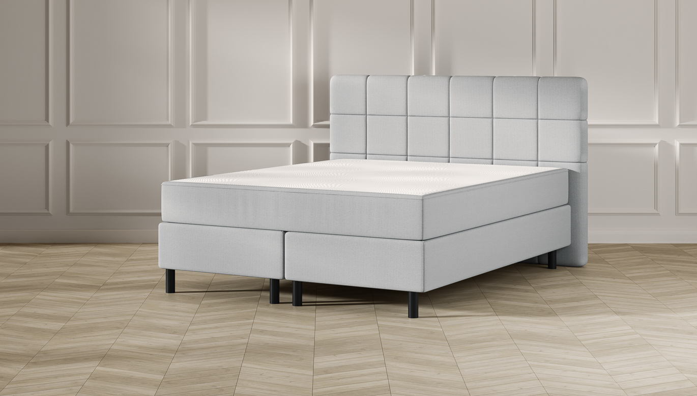 Emma Classic Boxspringbett - hellgrau - 140x200 cm - Kopfteil Gesteppt - Schwarze Füße von Emma