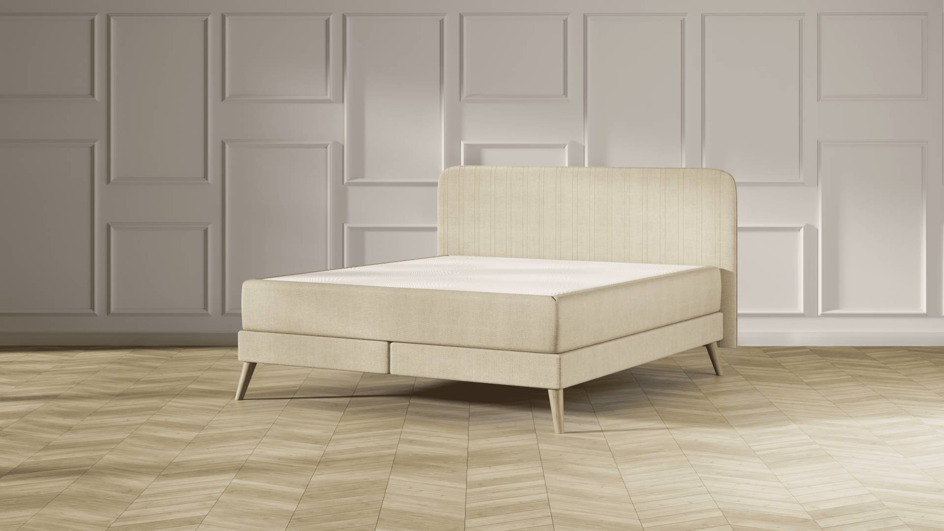 Emma Elite Boxspringbett - Beige - 160x200 cm - Kopfteil Streifen - Natur Füße Emma Elite Boxspringbett - Beige - 160x200 cm - Kopfteil Streifen - Natur Füße von Emma