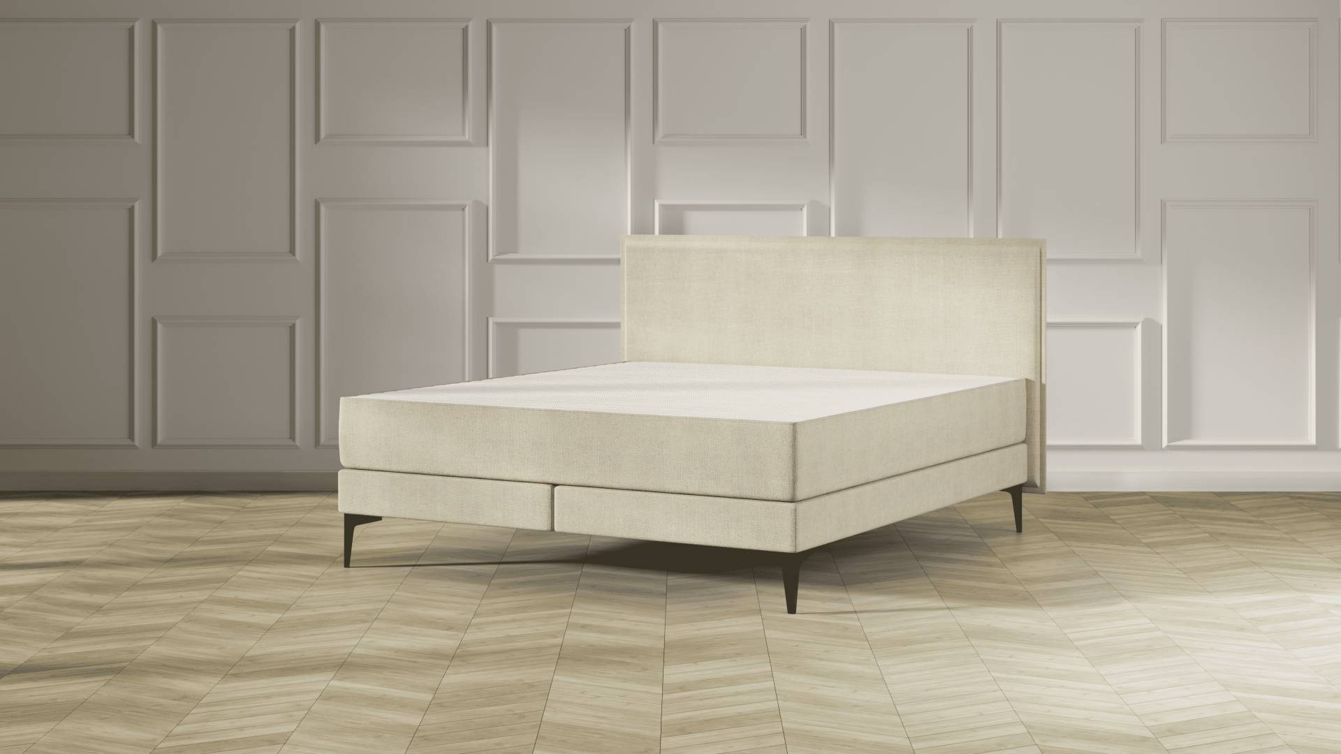 Emma Elite Boxspringbett - Beige - 200x200 cm - Kopfteil Kissen - Metall Füße Emma Elite Boxspringbett - Beige - 200x200 cm - Kopfteil Kissen - Metall Füße von Emma