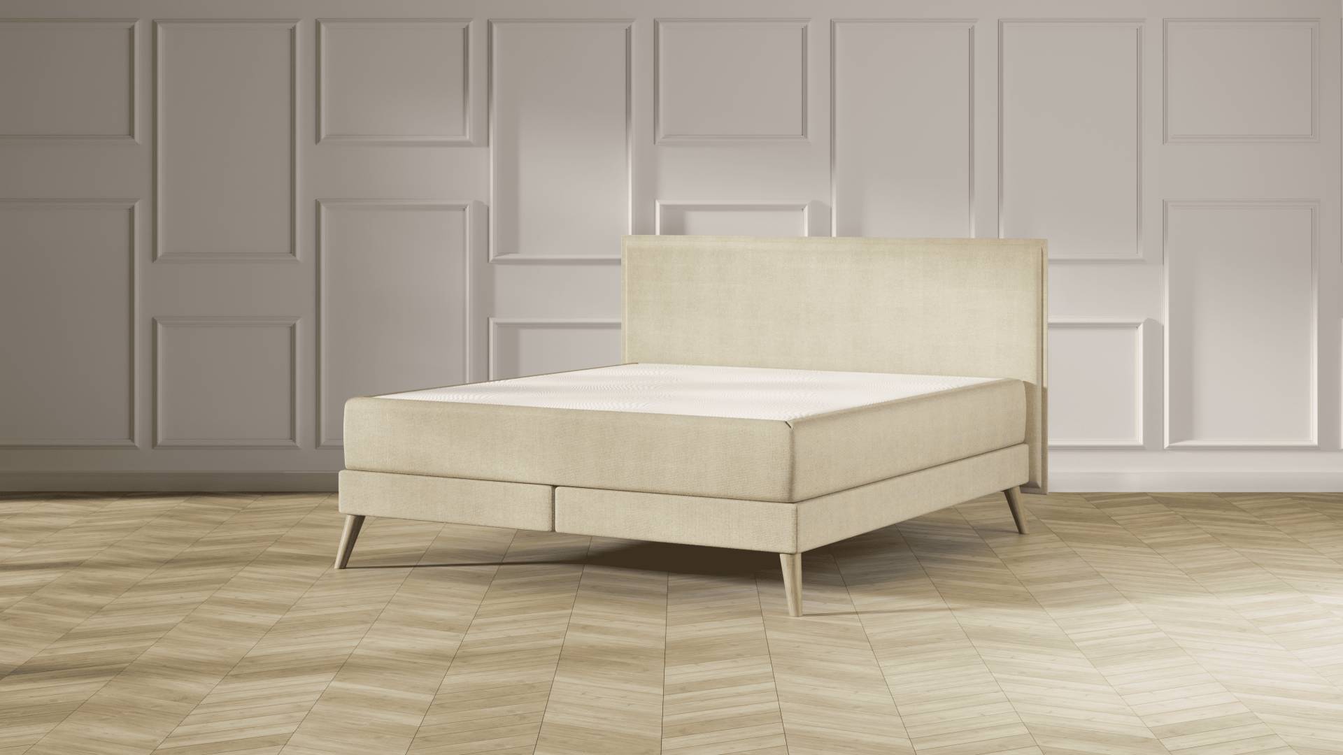 Emma Elite Boxspringbett - Beige - 200x200 cm - Kopfteil Kissen - Natur Füße von Emma