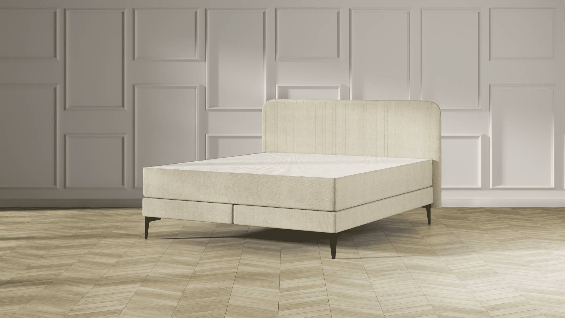 Emma Elite Boxspringbett Comfort - Beige - 140x200 cm - Kopfteil Streifen - Metall Füße Emma Elite Boxspringbett Comfort - Beige - 140x200 cm - Kopfteil Streifen - Metall Füße von Emma