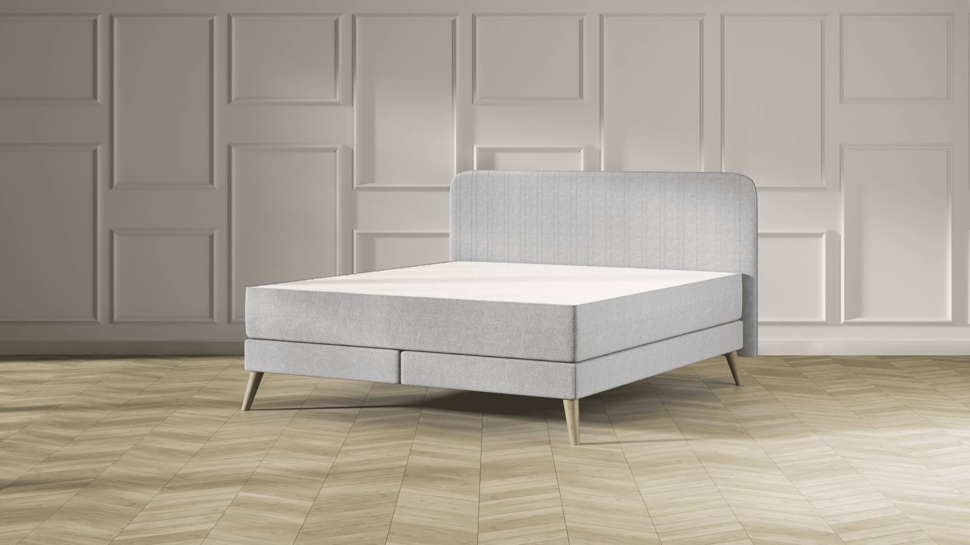 Emma Elite Boxspringbett - Hellgrau - 160x200 cm - Kopfteil Streifen - Natur Füße Emma Elite Boxspringbett - Hellgrau - 160x200 cm - Kopfteil Streifen - Natur Füße von Emma