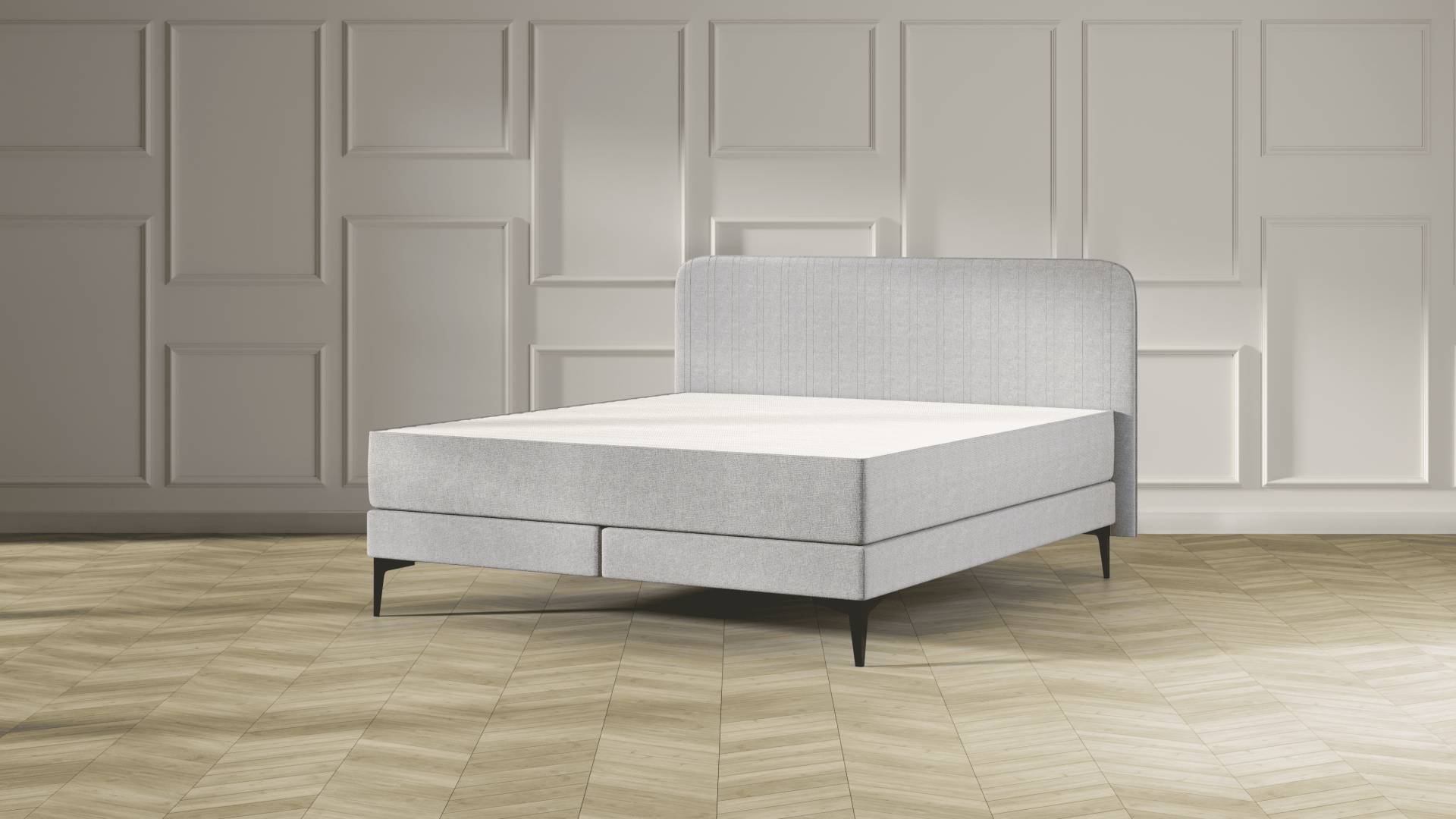 Emma Elite Boxspringbett - Hellgrau - 180x200 cm - Kopfteil Streifen - Metall Füße Emma Elite Boxspringbett - Hellgrau - 180x200 cm - Kopfteil Streifen - Metall Füße von Emma