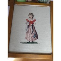 Bild, Gobelinstickbild, Gobelinbild, Bild Mit Stickerei, Mädchen Katze von EmmaRosesVintage