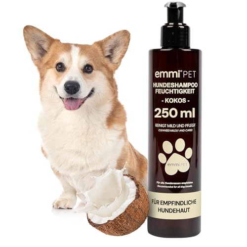 emmi-pet Hundeshampoo Feuchtigkeit Cocos 250 ml – sanfte Hydro-Fellpflege mit Kokos, entfernt Milbenkot & Pilzsporen, feuchtigkeitsspendend & pflegend, für empfindliche Hundehaut - für Glanz von Emmi-pet