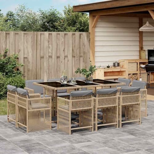 Emmtore 11-TLG. Garten-Essgruppe mit Kissen Gartenmöbel Set Tisch Gartengarnitur mit Kissen, Sitzgruppe Essgarnitur Terrasse, Beigemischung Poly Rattan von Emmtore