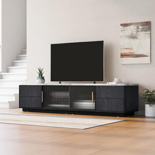 Emmtore 160cm Deluxe TV Stand für 70" TV - Stilvolles Grau, marmorierte Tischplatte, Kabelmanagement, Schubladen mit Push-to-Open-Funktion von Emmtore