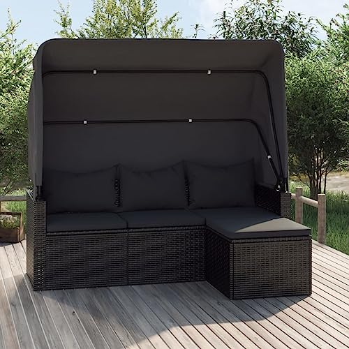 Emmtore 3-Sitzer-Gartensofa mit Dach und Fußhocker Schwarz Poly Rattan von Emmtore