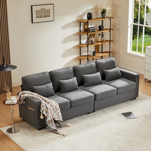 Emmtore 4-Sitzer-Sofa aus Leinenstoff, Viersitzer-Sofa mit Armlehnentaschen und 4 Kissen, Schlafsofa im einfachen Stil, geeignet für Wohnzimmer, Wohnung von Emmtore