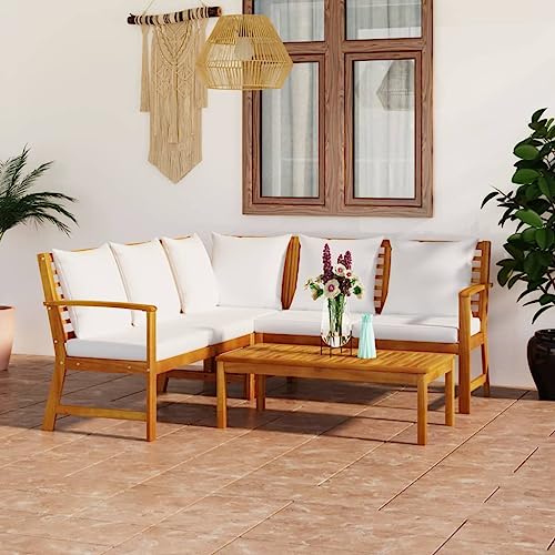 Emmtore 4-TLG. Garten-Lounge-Set mit Auflagen Creme Massivholz Akazie Eckteil + 2X Bank + Tisch von Emmtore
