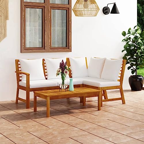 Emmtore 4-TLG. Garten-Lounge-Set mit Auflagen Creme Massivholz Akazie Eckteil + Mittelteil + Bank + Tisch von Emmtore