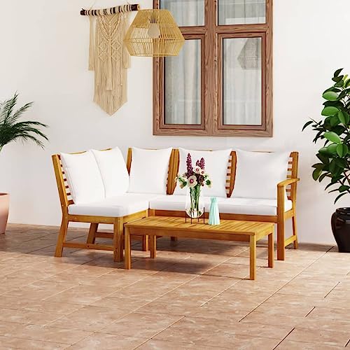 Emmtore 4-TLG. Garten-Lounge-Set mit Auflagen Creme Massivholz Akazie Mittelteil + Eckteil + Bank + Tisch von Emmtore