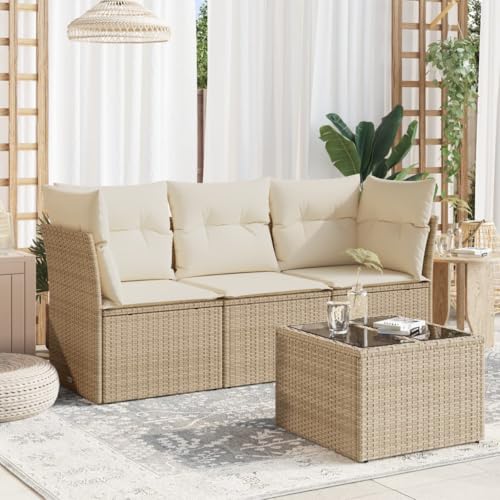 Emmtore 4-TLG. Garten-Sofagarnitur mit Kissen Mit Tisch Beige Poly Rattan von Emmtore