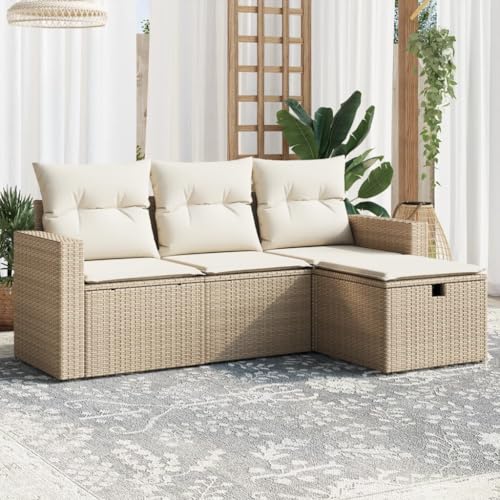 Emmtore 4-TLG. Garten-Sofagarnitur mit Kissen Poly Rattan,1 x Mittelsofa+2 x Sofa mit Armlehnen+1 x Fußhocker,Beige und Creme,ohne Stauraum von Emmtore