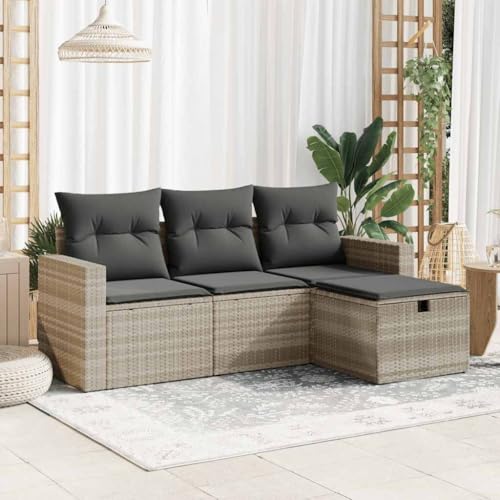 Emmtore 4-TLG. Garten-Sofagarnitur mit Kissen Poly Rattan,1 x Mittelsofa+2 x Sofa mit Armlehnen+1 x Fußhocker,Hellgrau,mit Aufbewahrung & Tasche von Emmtore