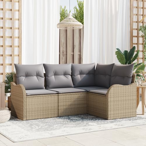 Emmtore 4-TLG. Garten-Sofagarnitur mit Kissen Poly Rattan Beige und Grau,ohne Tisch von Emmtore