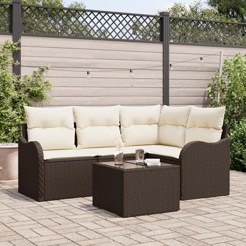 Emmtore 4-TLG. Garten-Sofagarnitur mit Kissen Poly Rattan Braun und Creme,mit Tisch von Emmtore