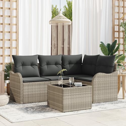 Emmtore 4-TLG. Garten-Sofagarnitur mit Kissen Poly Rattan Hellgrau,mit Tisch von Emmtore