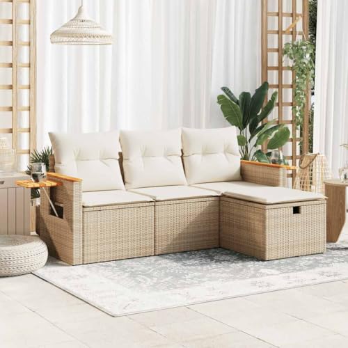 Emmtore 4-TLG. Garten-Sofagarnitur mit Kissen mit Stauraum Beige Poly Rattan von Emmtore