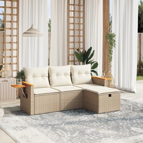 Emmtore 4-TLG. Garten-Sofagarnitur mit Kissen ohne Stauraum Beige Poly Rattan von Emmtore