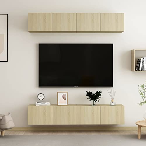 Emmtore 4X TV Schrank Wohnwand Schrankwand Anbauwand Hängeschrank TV Möbel Wandschrank HiFi-Schrank Fernsehschrank Lowboard Holzwerkstoff Sonoma Eiche,80 cm von Emmtore